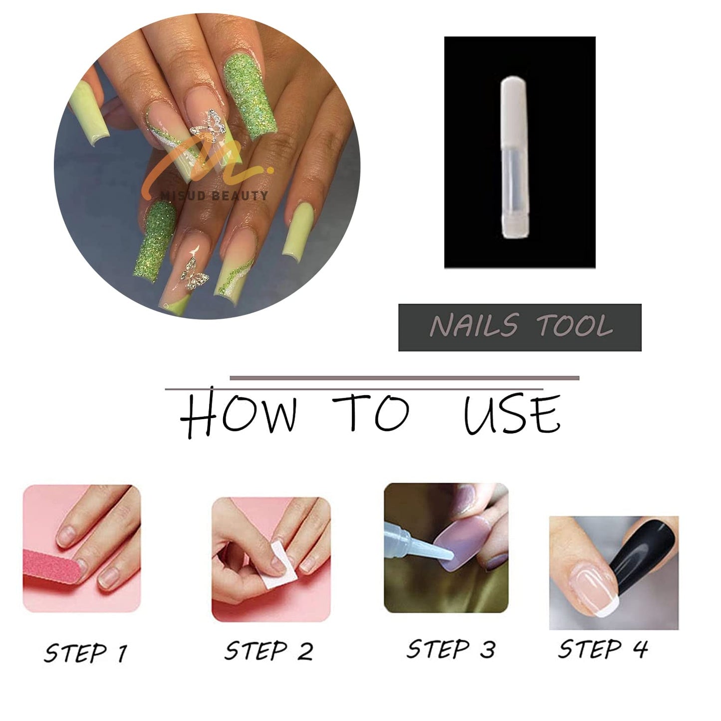 MISUD Press on Nails - Long Coffin Glue on Nails with Green, Acrylic Butterfly Rhinestone Design 24 pcs