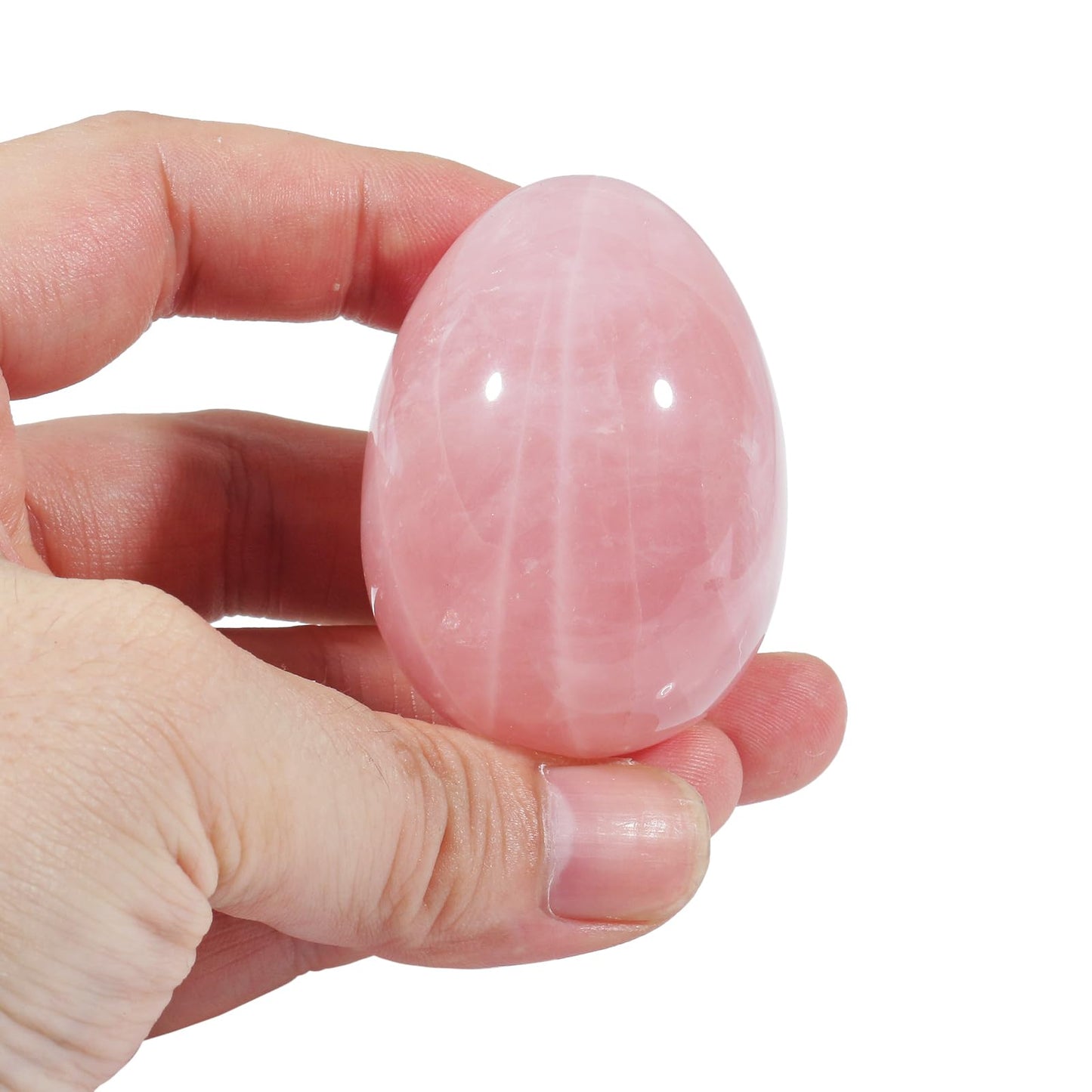 Fekuar Stone Egg Figurine, Polished Healing Crystal Easter Eggs Sphere Sculpture with Wood Stand, Natural Rose Quartz, 1.8"