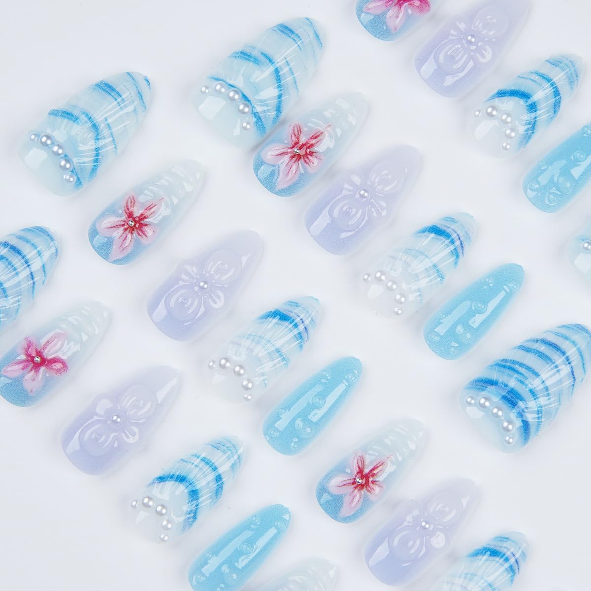 30Pcs Blue Beach Press on Nails Medium Almond Fake Nails 3D Summer Flower with Pearl Press Ons Design Ocean Mermaid False Nails Cute Stick on Nails Reusable Artificial Handmade Nail for Women Acrylic