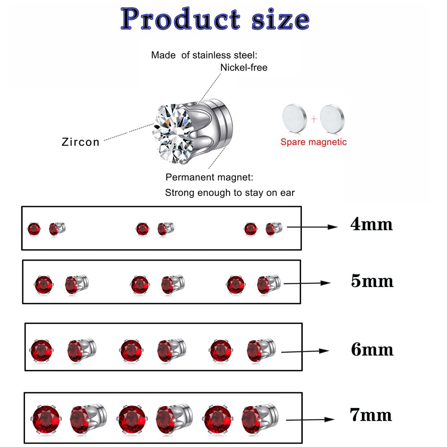 Spiritlele 12 Pairs Red Small Big Cubic Zirconia Magnetic Earrings Clip on Non Piercing Earrings Set Unisex 4MM-7MM