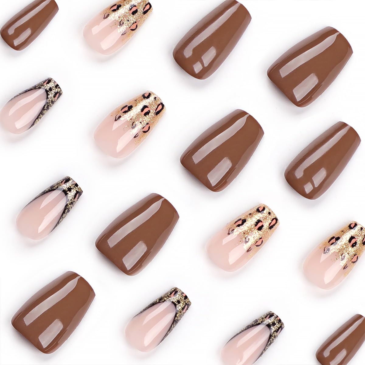 24Pcs French Tip Press on Nails Medium Coffin Fake Nails with Brown Leopard Print Design Silver Glitter Full Cover Artificial Glue on Nails Glossy Stick on Nails Nude Nail Supplies for Women DIY Nails