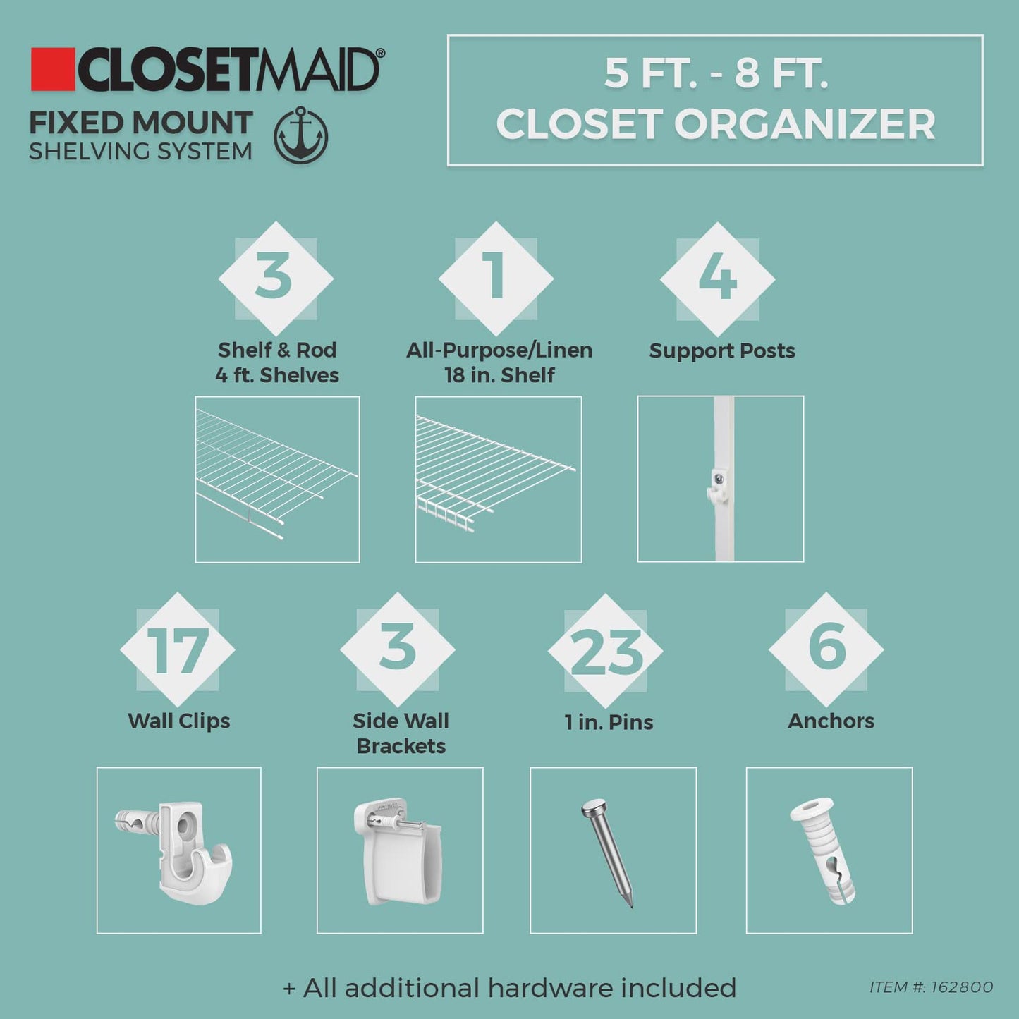 ClosetMaid Wire Closet Organizer System, Adjustable from 5 to 8 Ft., with Shelves, Hardware, Durable Steel, Fixed Mount Installation, White