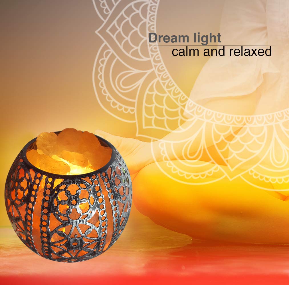 IMY King Salt Night Light,Natural Wall Light Salt Lamp with 1 Bulbs, Himalayan Rocks Salt Lamp with Spherical Metal Basket Gift（Fade-Change）