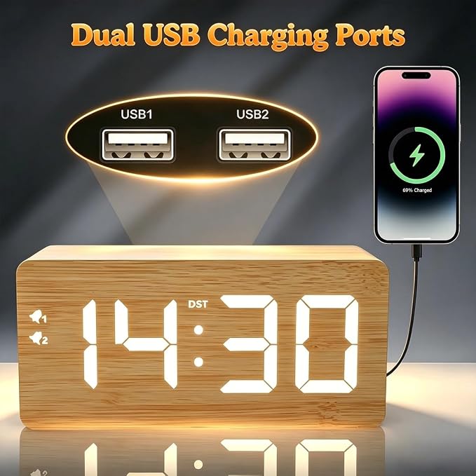 URAYCO Wood Digital Alarm Clock with 10W Fast Wireless Charger, USB Charging Ports, DST, Dimmable, Snooze, Large Number LED Display for Bedrooms, Desk, Living Room Table, Bedside, Nightstand (Bamboo)