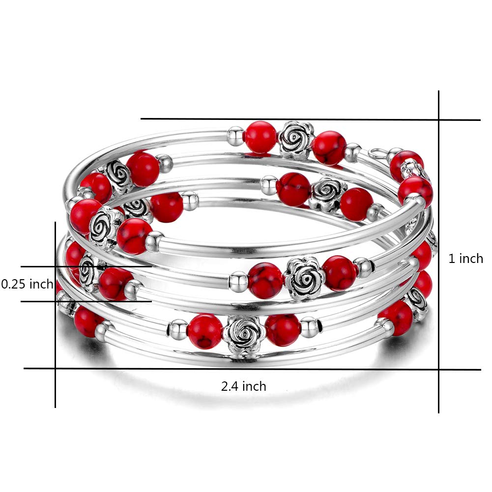 BULINLIN Wrap Bangle Rose Bead Bracelet - Beaded Bracelet with Natural Agate Stone Gifts For Women(01-Red turquoise)