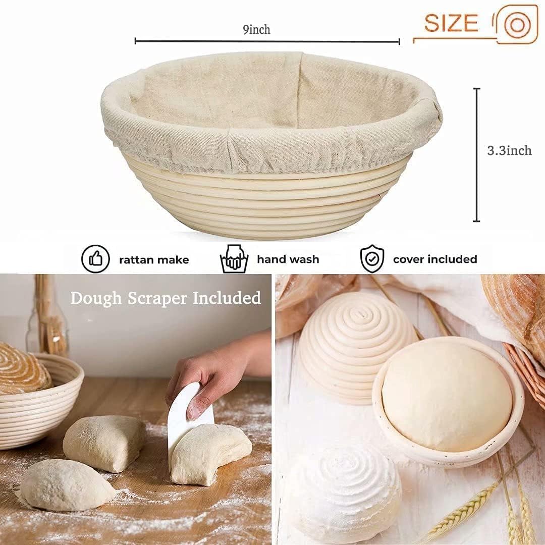 Complete Sourdough Starter Kit, Bread Baking Supplies, 9'' Round Banneton Bread Proofing Basket with Glass Sourdough Starter Jar & Tools, Bakery Accessories for Bread Making Baking Fermentation