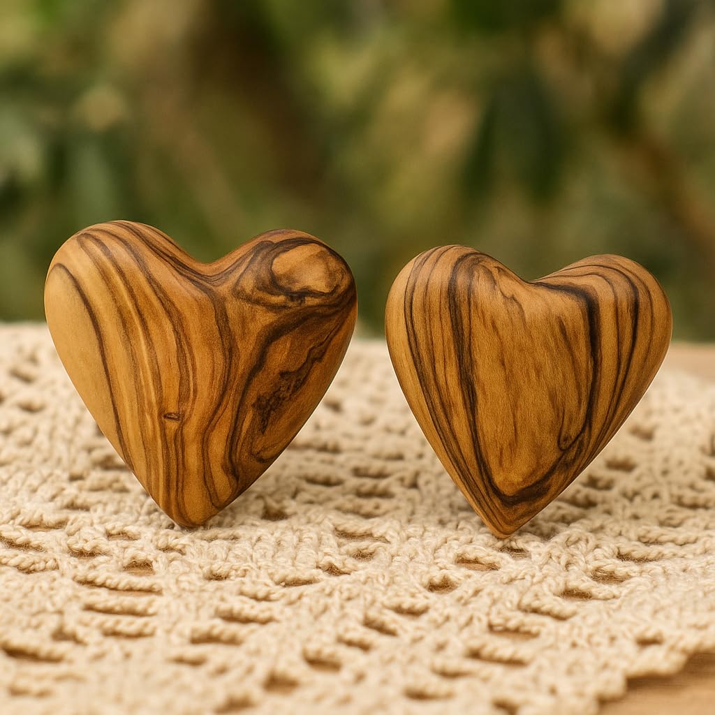 Zuluf Set of 2 Large Olive Wood Hearts 2.4" Hand Carved Wooden Heart Paperweights Rustic Table Centerpieces Wedding Decorations Valentine Gifts Home Décor Keepsakes Made in Bethlehem w/Certificate