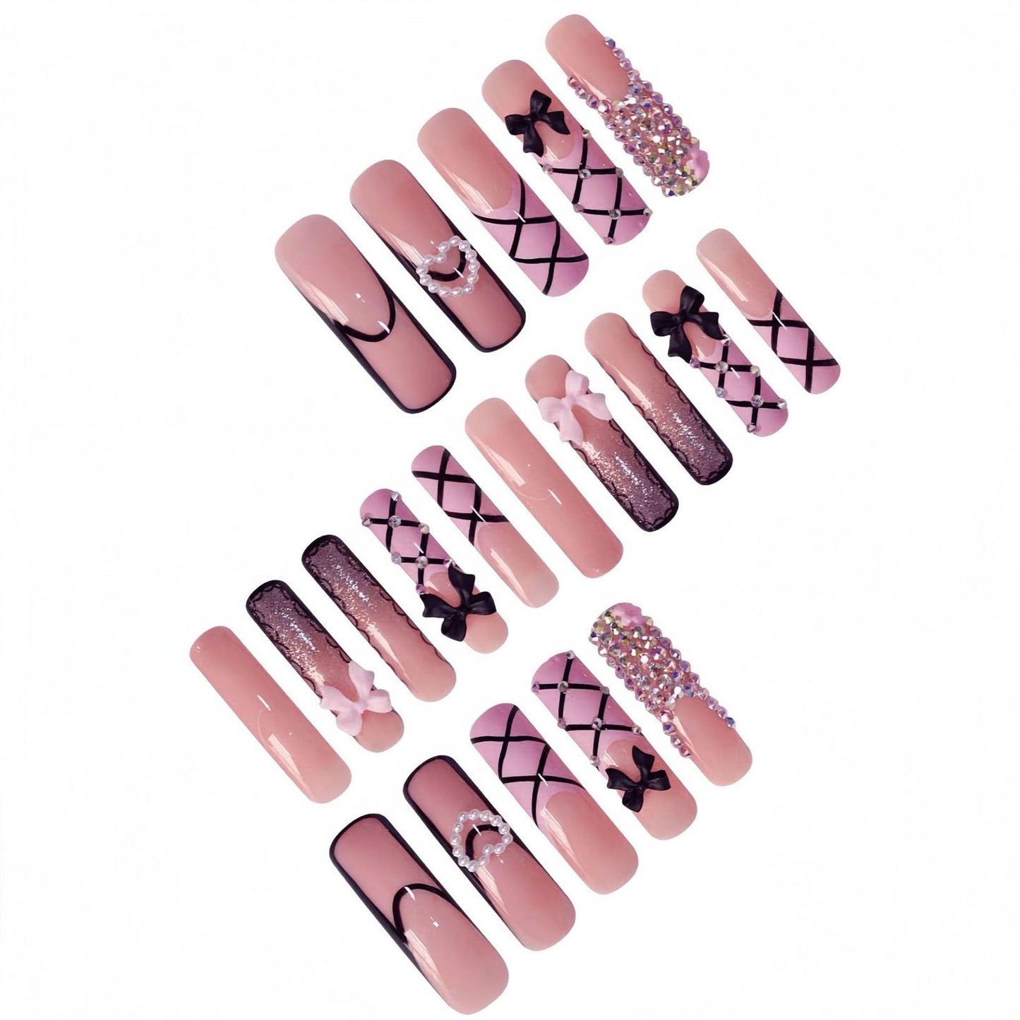 IMSOHOT Curved Press on Nails Long Square Fake Nails Pink Black French Tip False Nails with Bow, Glitter, Rhinestone Designs Cute Acrylic Extra Long Stick on Nails for Women Girls