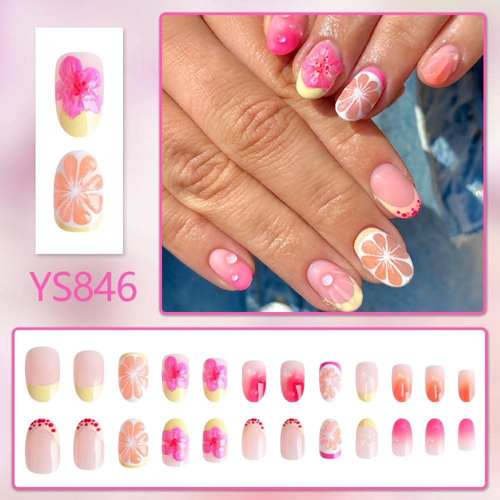 QUNQINLI French Tip Press on Nails Short Oval Fake Nails Press ons Nail Art Tips with 3D Lemon Flowers Design Pink Gradient False Nails Full Cover Nude Glossy Glue on Nails for Women 24 Pcs