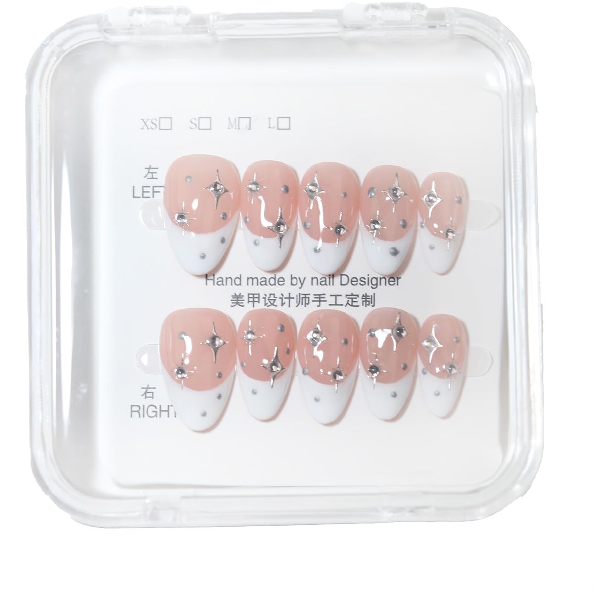 10 Pcs Short Almond Handmade Press On Nails | French Tip with Silver Starburst & Rhinestone Accents | Reusable, Easy to Apply & Remove, Salon-Quality Manicure (RR10, M)