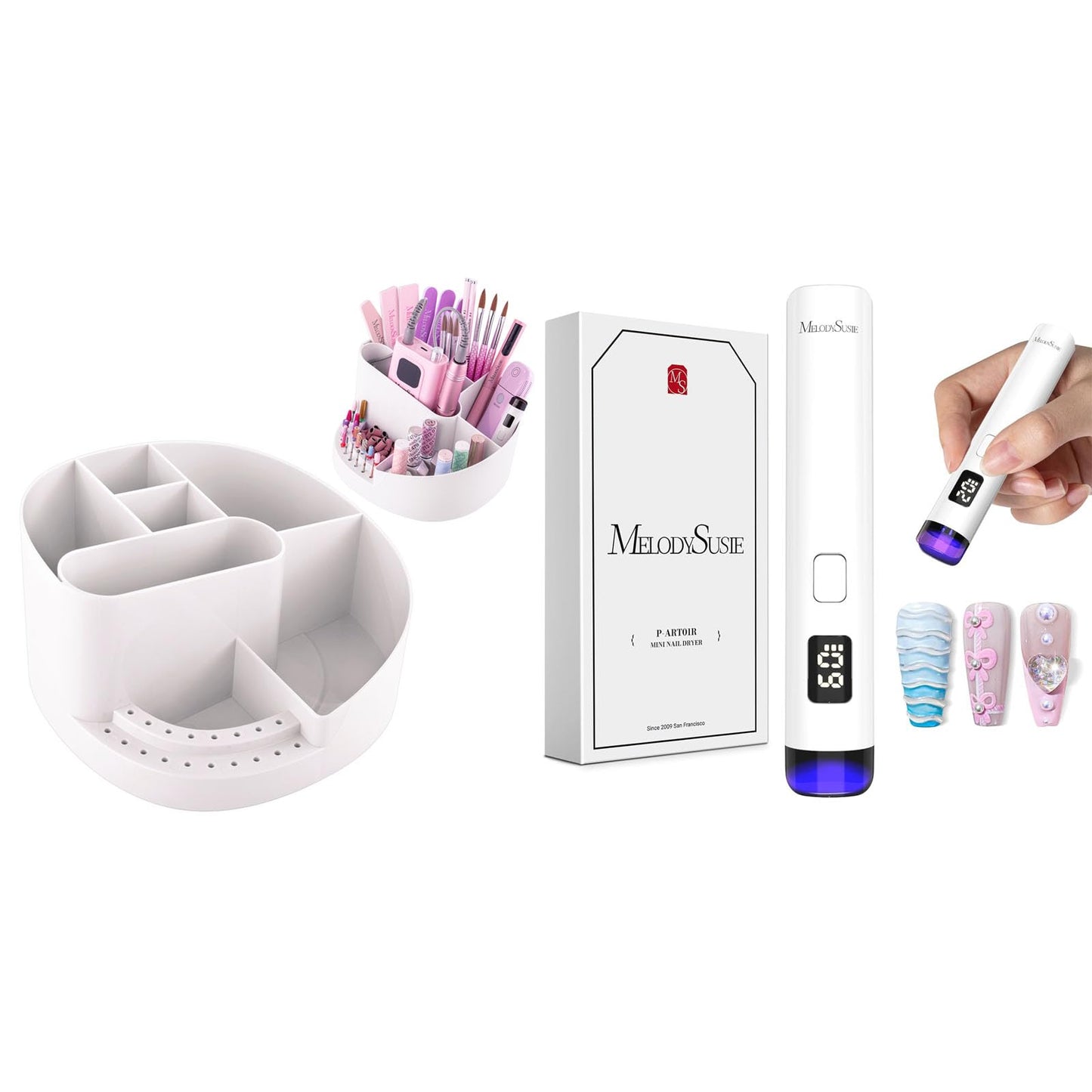 MelodySusie Acrylic Nail Tools Storage Box and Handheld Cordless UV Nail Lamp with LCD Display & Eye-Protection Cover