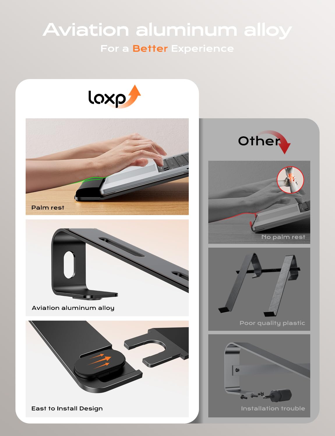 LOXP Laptop Stand for Desk, Metal Laptop Stand with Wrist Support, Ergonomic Detachable Laptop Riser, Aluminum Lectern, Computer Stand for MacBook Air Pro, HP, Dell, XPS, HP (10-17") Laptops - Black