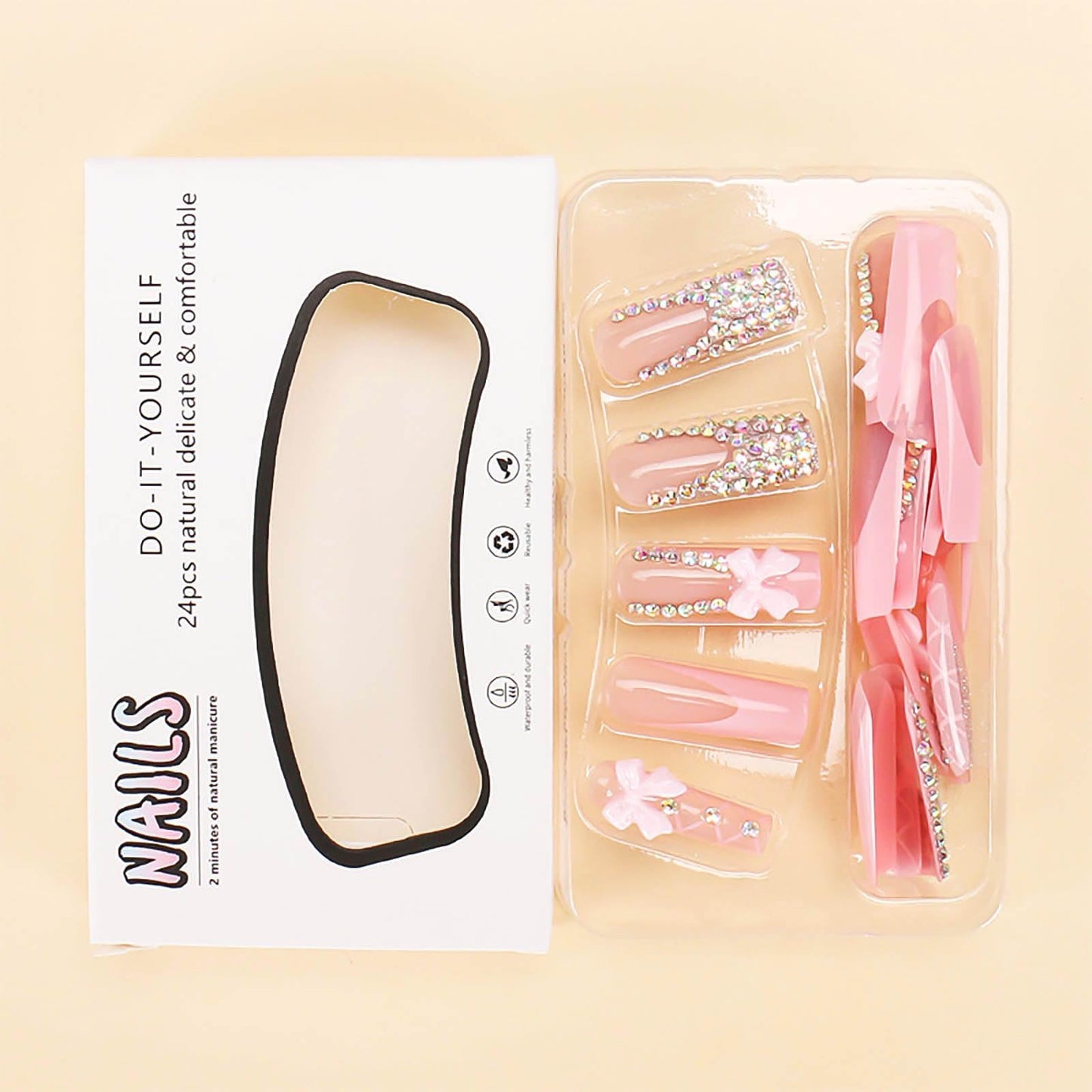 RUOKEXIN Long Square Press on Nails - French Tip False Nails Pink, Bow Rhinestone Designs, 24Pcs