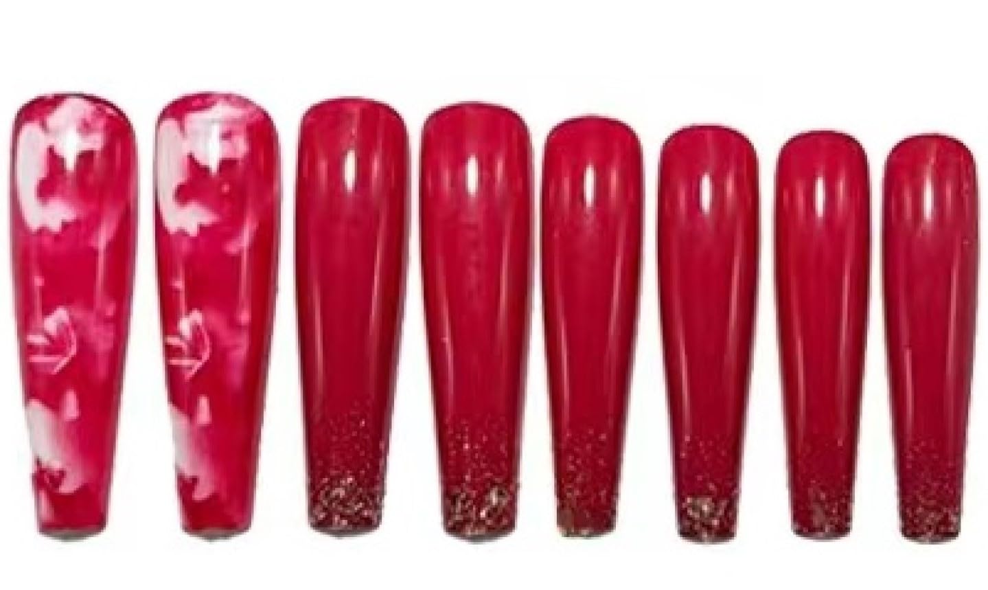 Chunmeng 24 Piece Long Ballet Armor Valentine's Day Rose Red Flower Sparkling Powder Detachable Nail Pressing Smooth, Fashionable Women's Artificial Nails Can Be Reusable