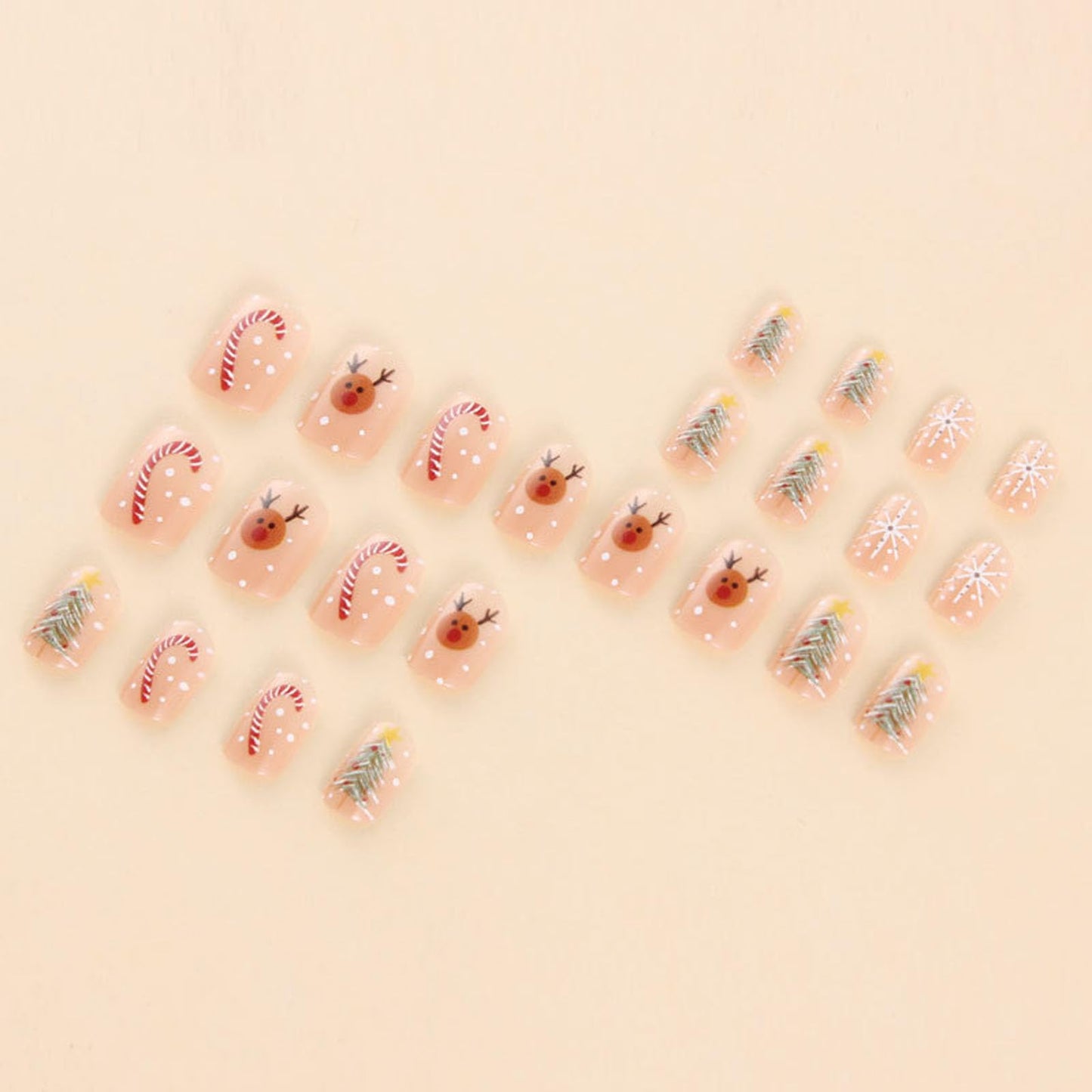IMSOHOT Press on Nails Short Square Fake Nails Cute Nude Glossy False Nails with Elk, Tree, Snowflake Design Full Cover Glue on Nails for Women Girls Manicure