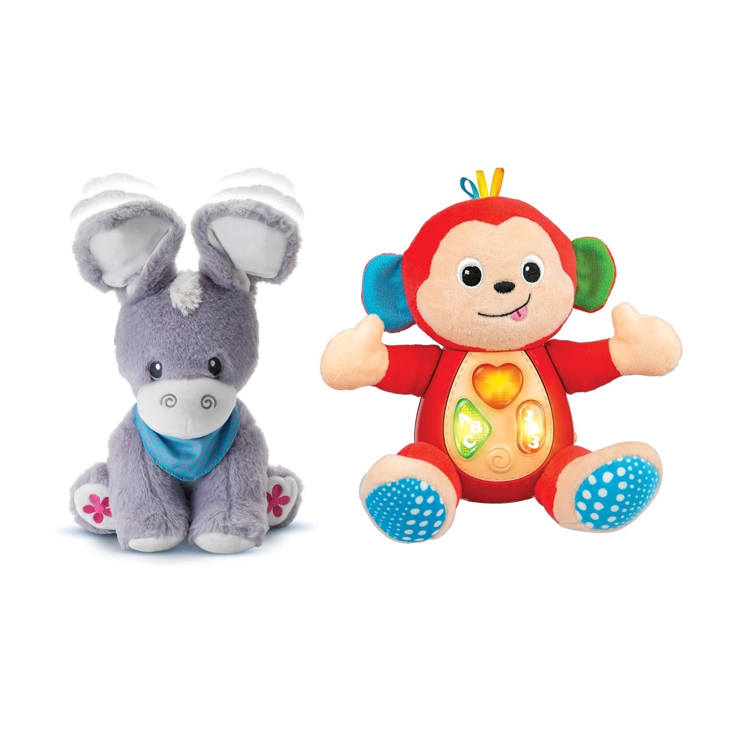 KiddoLab Musical Duo: Peek-A-Boo Donkey & Monkey Plush Toy Set for Infants 3-18 Months with Moving Ears, Light-Up Buttons, & Melodic Nursery Songs.