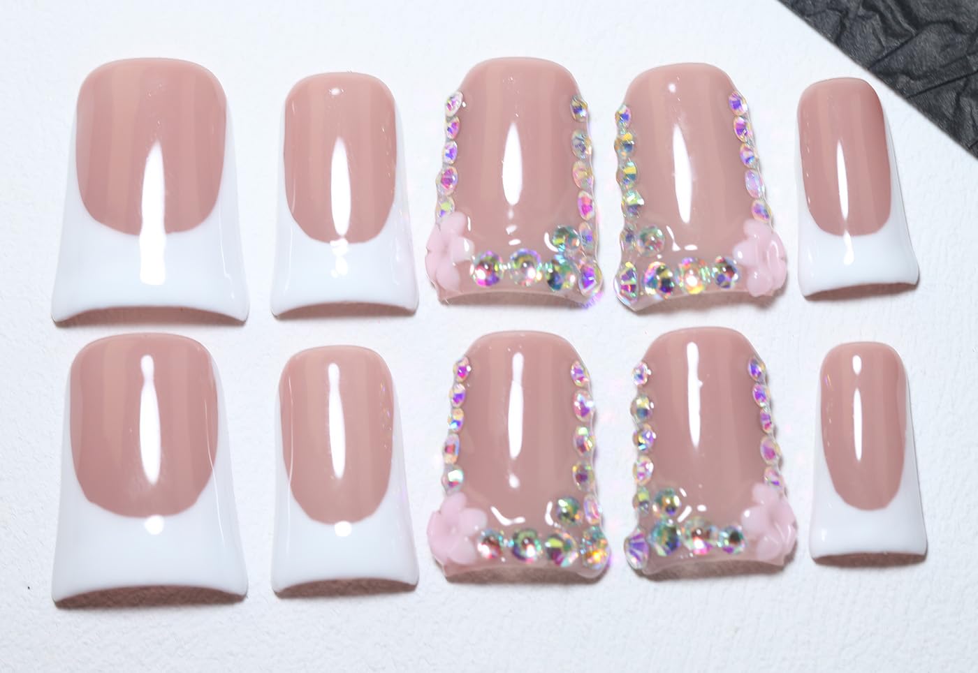 10Pcs Duck Shape Handmade Press On Nails | Easy Apply & Remove, Reusable Salon Quality Nails | Elegant Nude Pink Fake Nails with 3D Flower & Iridescent Rhinestone Classic French Accents (251207, S)