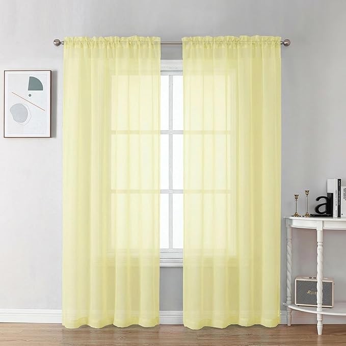 Chyhomenyc Sheer Curtains 72 Inch Length 2 Panels - Light Filtering Soft Airy Rod Pocket Voile Window Curtain Drapes for French Door Bedroom Living Room, 42Wx72L Inch, Light Yellow