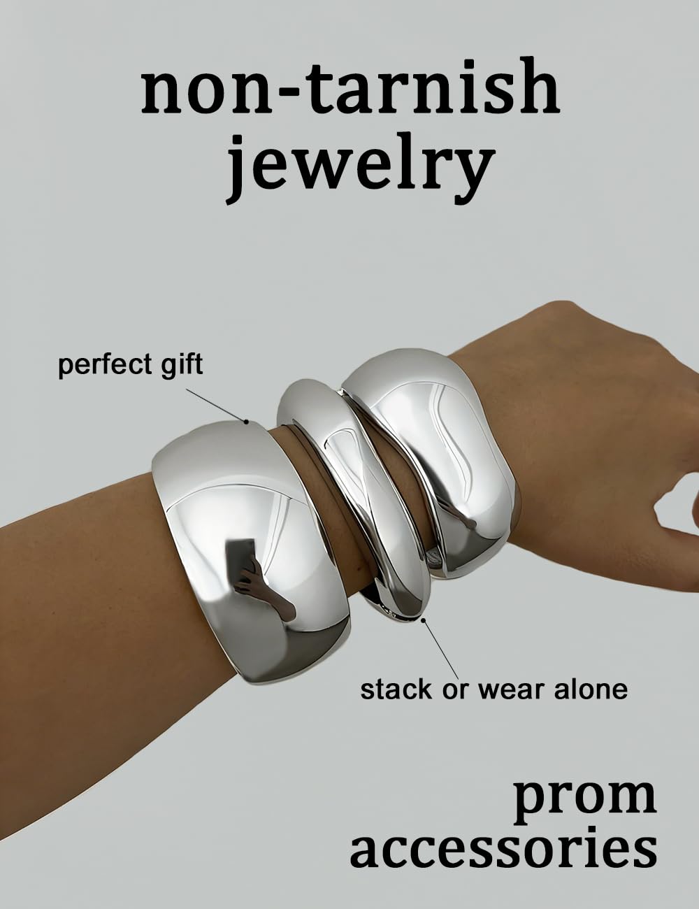 Chunky Silver Bangle Bracelets for Women, Dainty 14k Plated Big Stackable Bangles Set, Trendy Statement Cuff Bracelet Stack Fashion Jewelry Gifts (3 Silver chunky bangles)
