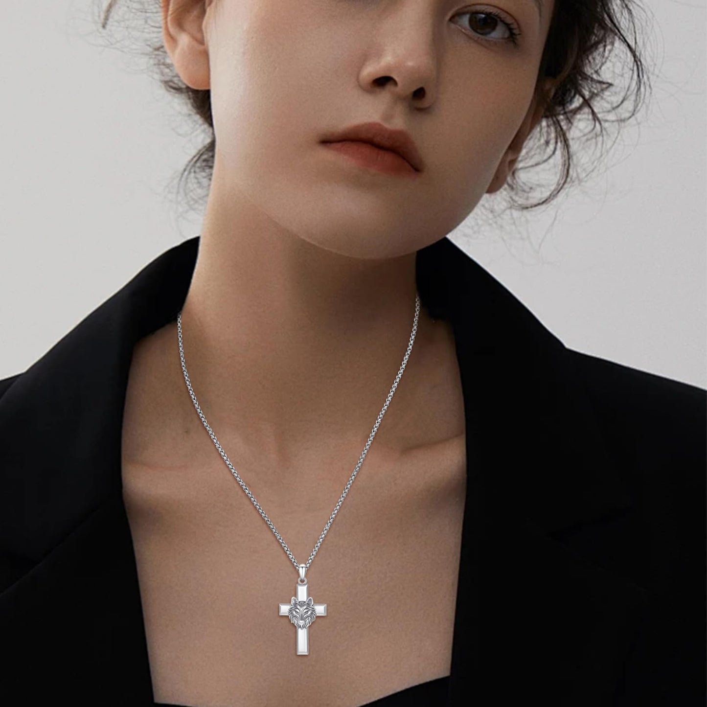 YEESIA Cross Necklace for Men 925 Sterling Silver Wolf Necklace Pendant Christian Protect Jewelry Wolf Gifts for Men Husband