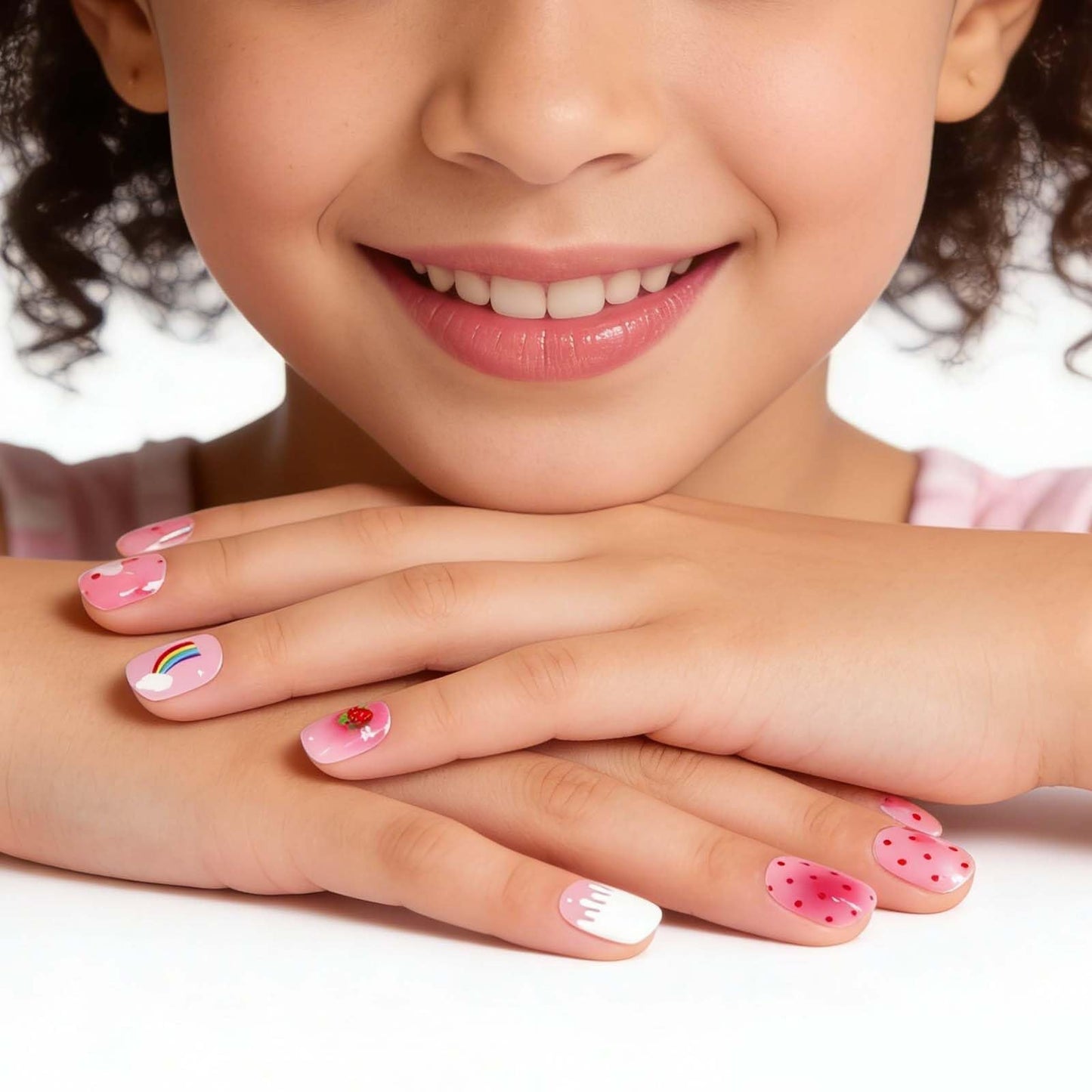 YIZHUO Kids Gel Nail Strips 22PCS - Strawberry Pink Polka Dot Designs, Semi-Cured Nail Wraps for Girls, UV/LED Light Required