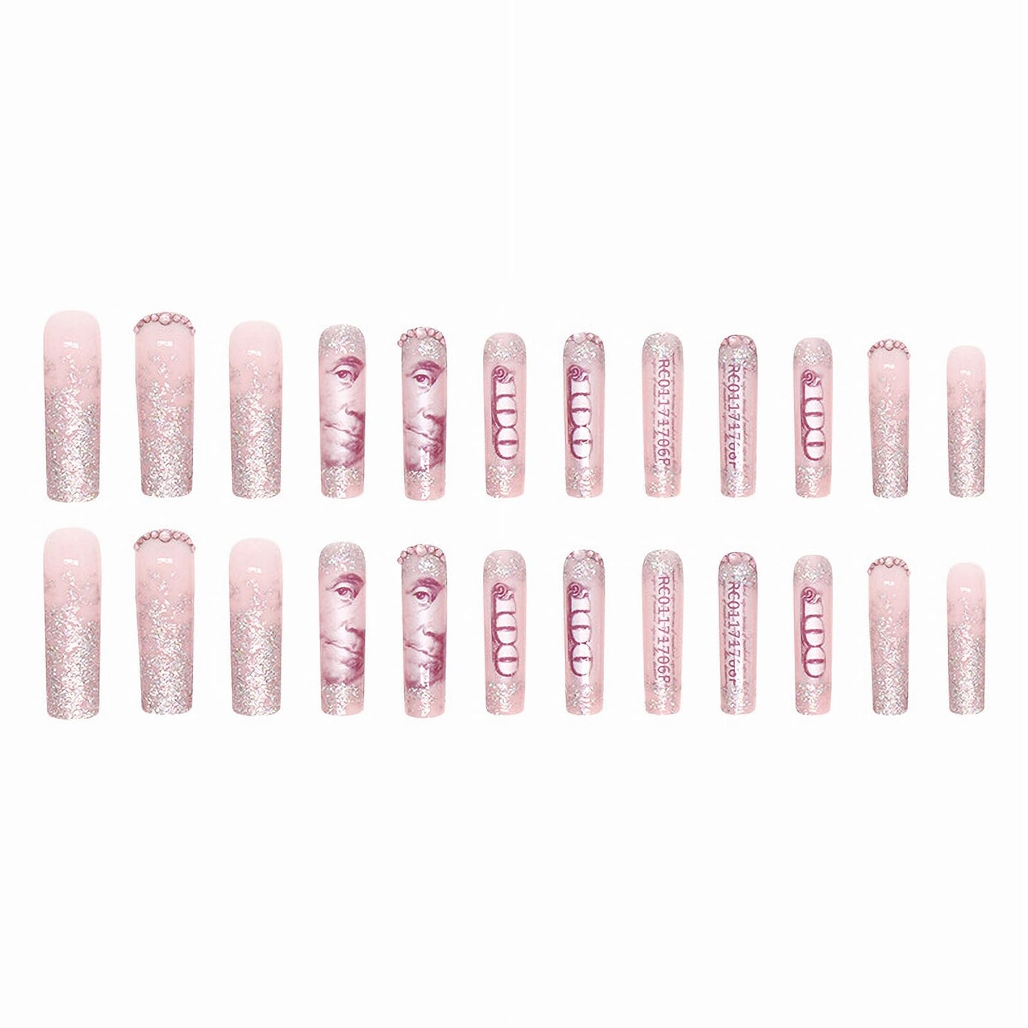 MISUD Press on Nails - Extra Long Square Fake Nails with Dollar Money, Acrylic Bling Glitter Rhinestone Design 24 pcs