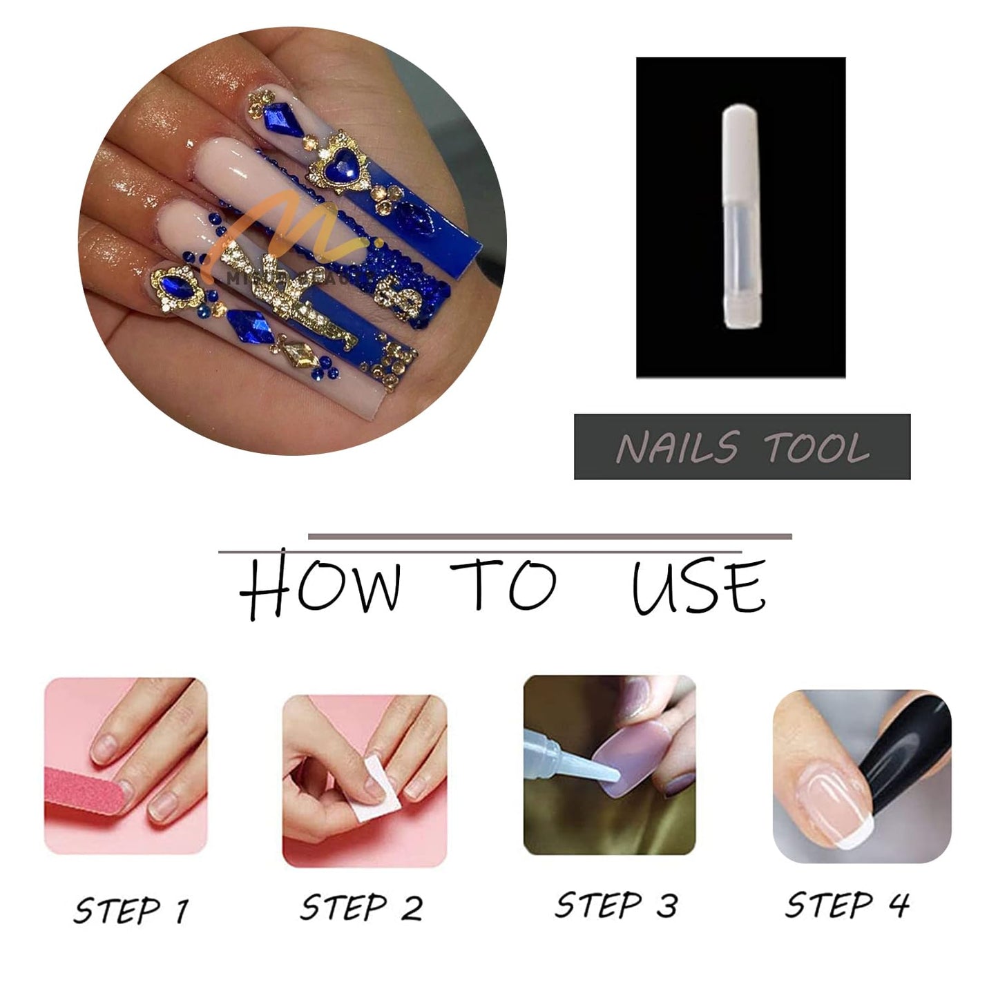 MISUD Press on Nails - Long Square Glue on Nails with Royal Blue, Acrylic Y2K Gun Rhinestone Design 24 pcs