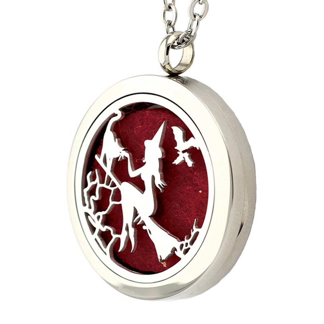 Popeoiuh Essential Oil Diffuser Necklace - Aromatherapy Jewelry Halloween Stainless Steel Magic Witch Locket Pendant with 24 Inches Chain + 8 Washable Refill Pads Birthday