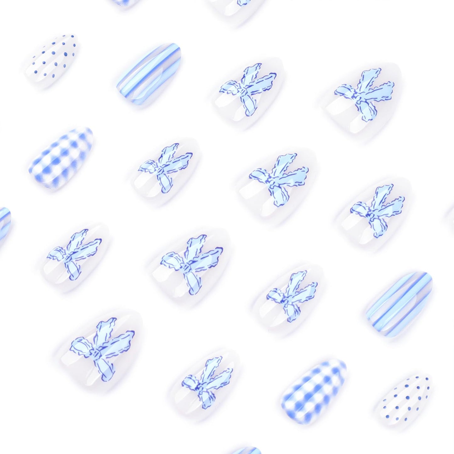 LWTZLW Polka Dots Press on Nails Short Almond False Nails with Bow Plaid Stripes Design Full Cover Glue on Nail Blue Summer Reusable Acrylic Fake Nails Glossy Artificial Stick on Nail for Women