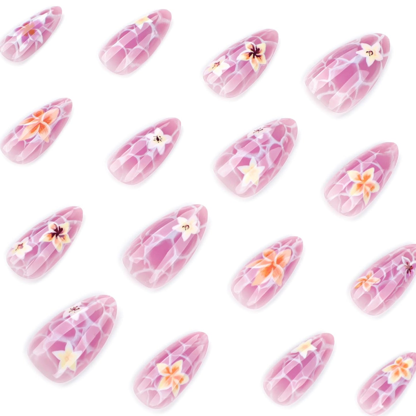 24Pcs Flower Press on Nails Medium Almond Fake Nails Marble Pattern Cute Floral Nail Art False Nails Short Almond-shaped Full Cover Reusable Artificial Nails Handmade False Nails for Women