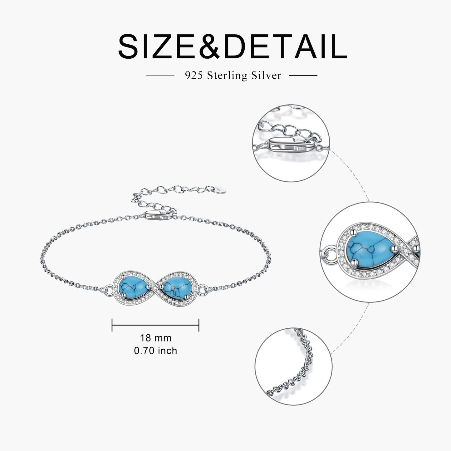 PEIMKO 925 Sterling Silver Infinity Symbol Turquoise Exquisite Bracelet Boho Style Bracelet Jewelry Gifts for Women Mother-3