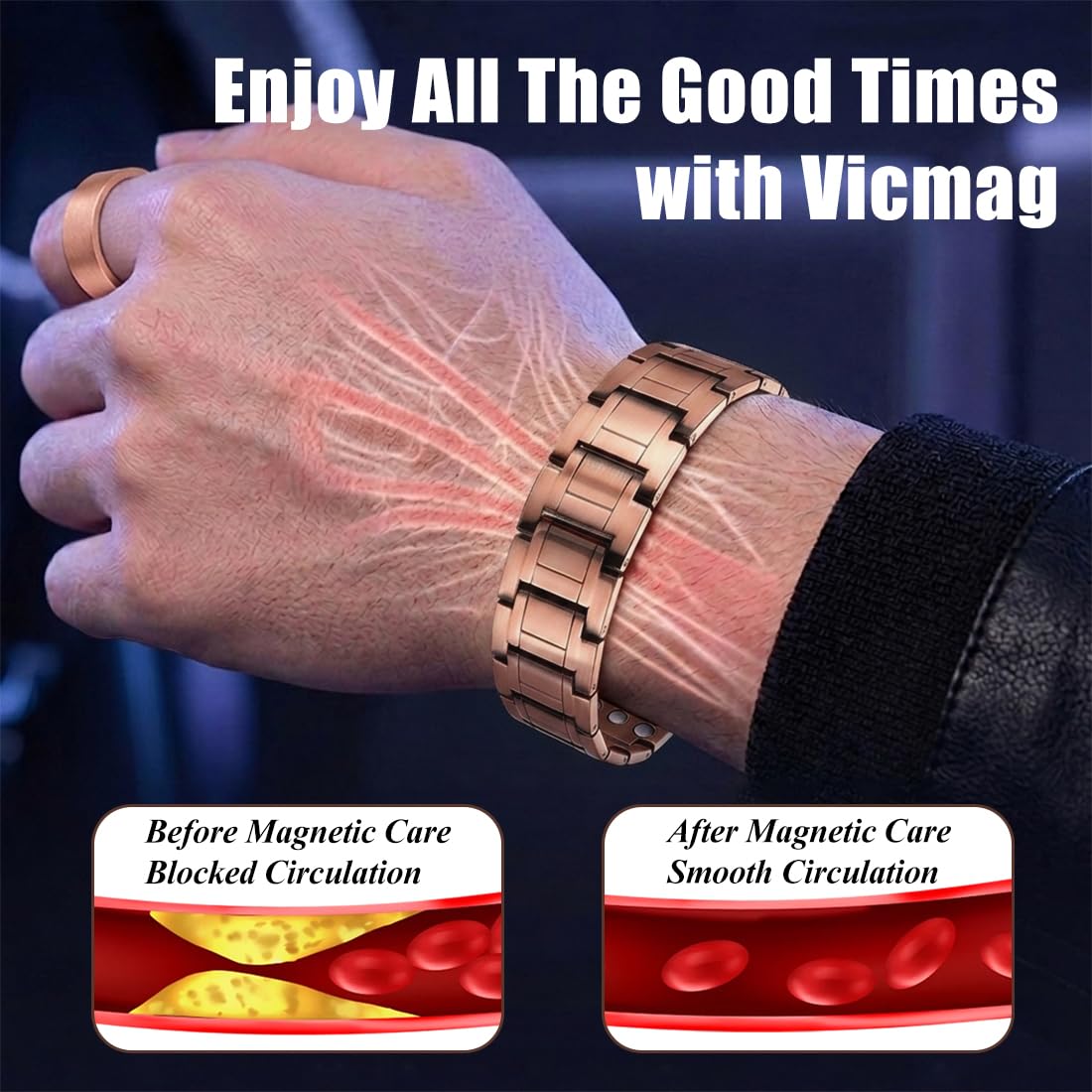 Vicmag Copper Magnetic Bracelet for Men, 3X Strength Magnets, Pure Copper Bracelet & 9X Magnet Ring Set, Adjustable Fit with Sizing Tool(Classic Copper)