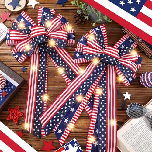 2 Pcs Patriotic 4th of July Lighted Wreath Bow Large Red White and Blue 250th Anniversary Burlap Tree Topper American Flag Star Independence Memorial Day Indoor Outdoor Decoration(Classic)