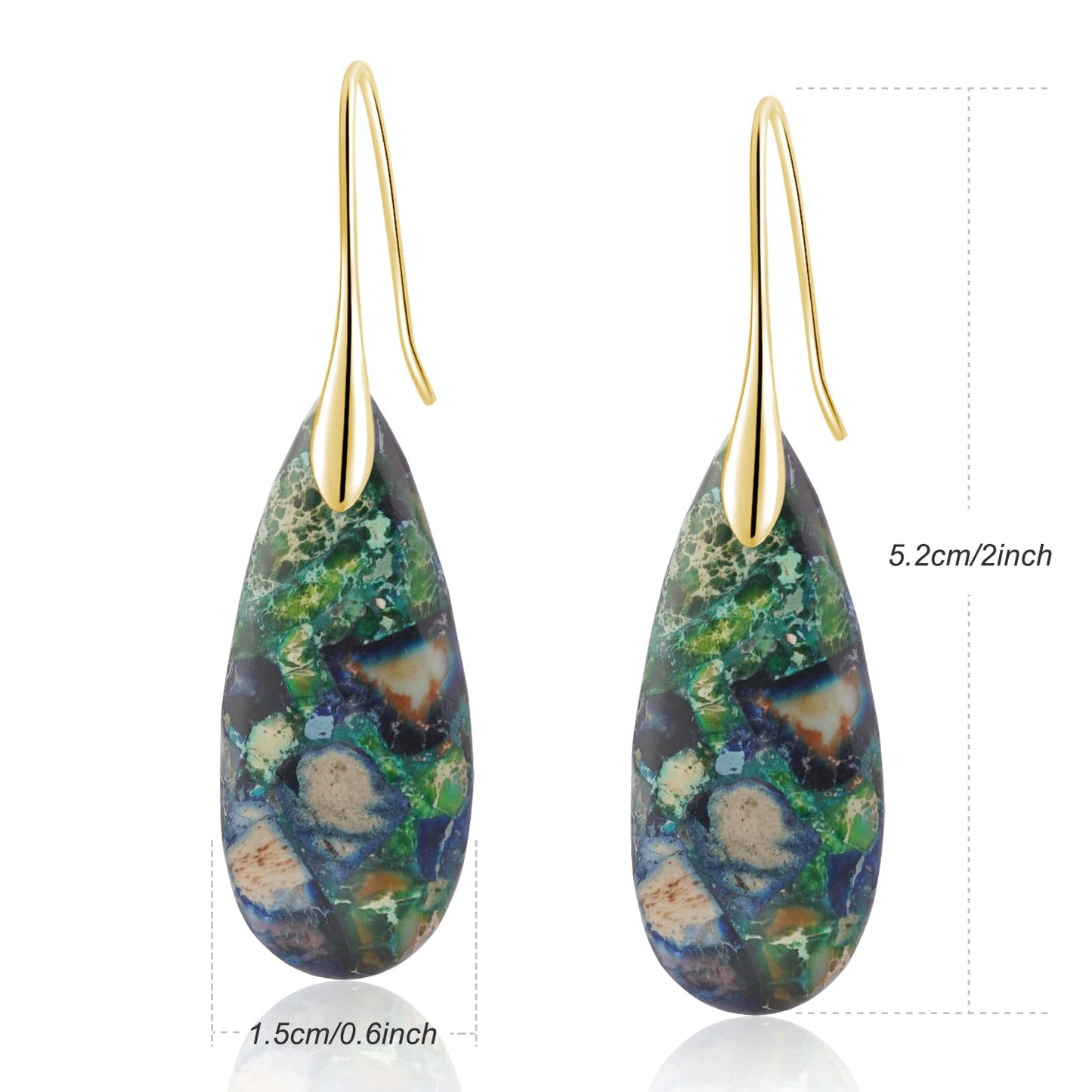 Sriomu Natural Healing Stone Fishhoop Dangle Drop Earrings Statement Gold silver earrings (Green Blue Gold Hook)