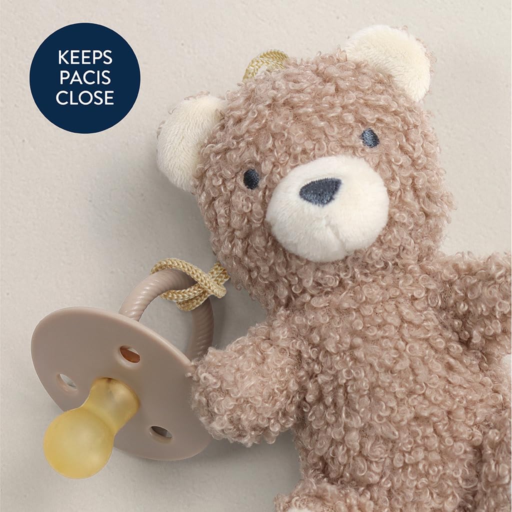 Itzy Ritzy Pacifier & Lovey Set – Natural Rubber Paci with Stuffed Animal Lovey – Detachable Plush Bear Pacifier Holder & Coordinating Natural Rubber Soother, Ideal for Ages 0-6 Months (Bear)