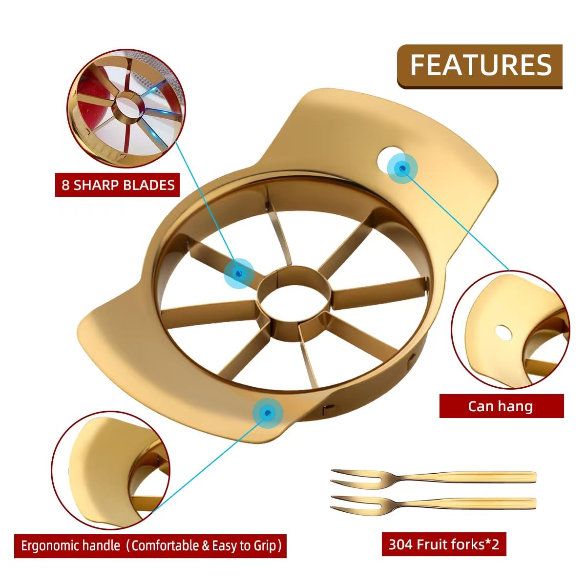 Fruit Slicer, QRU 304 Stainless Steel Fruit Cutter 8 Slices, Corer for Fruits & Vegetables, Ergonomic Handle Easy Grip Pears Divider, Sturdy and Sharp, Dishwasher Safe (Gold)