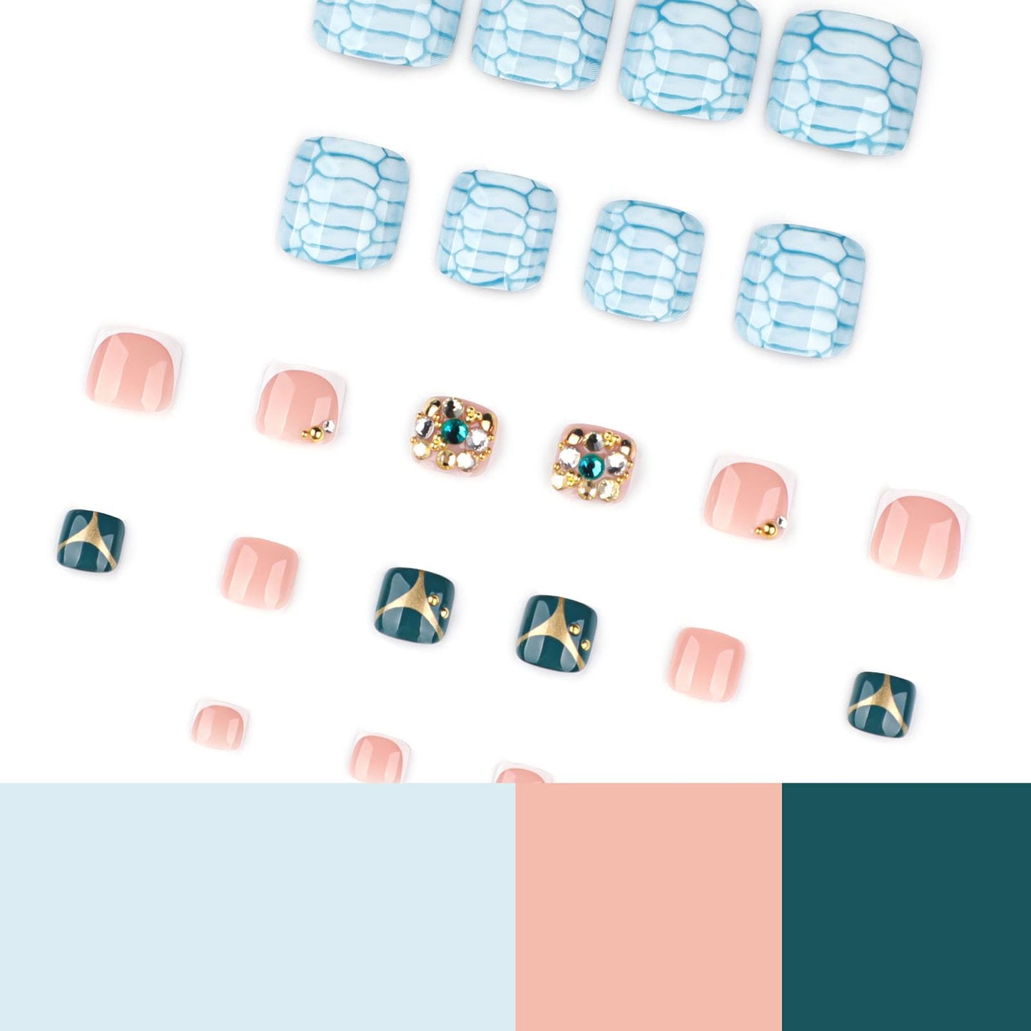 RUOKEXIN Short Press on Toenails French Tip Fake Toenails with Rhinestones Designs Square Toe Nail Press ons Sparkly Artificial Nails for Women 24Pcs