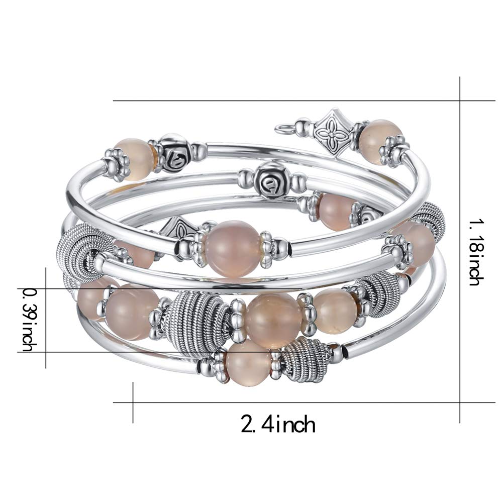 PEARL&CLUB Beaded Chakra Bangle Turquoise Bracelet - Fashion Jewelry Wrap Bracelet with Thick Silver Metal and Mala Beads, Birthday Gifts For Women(Agate grey)