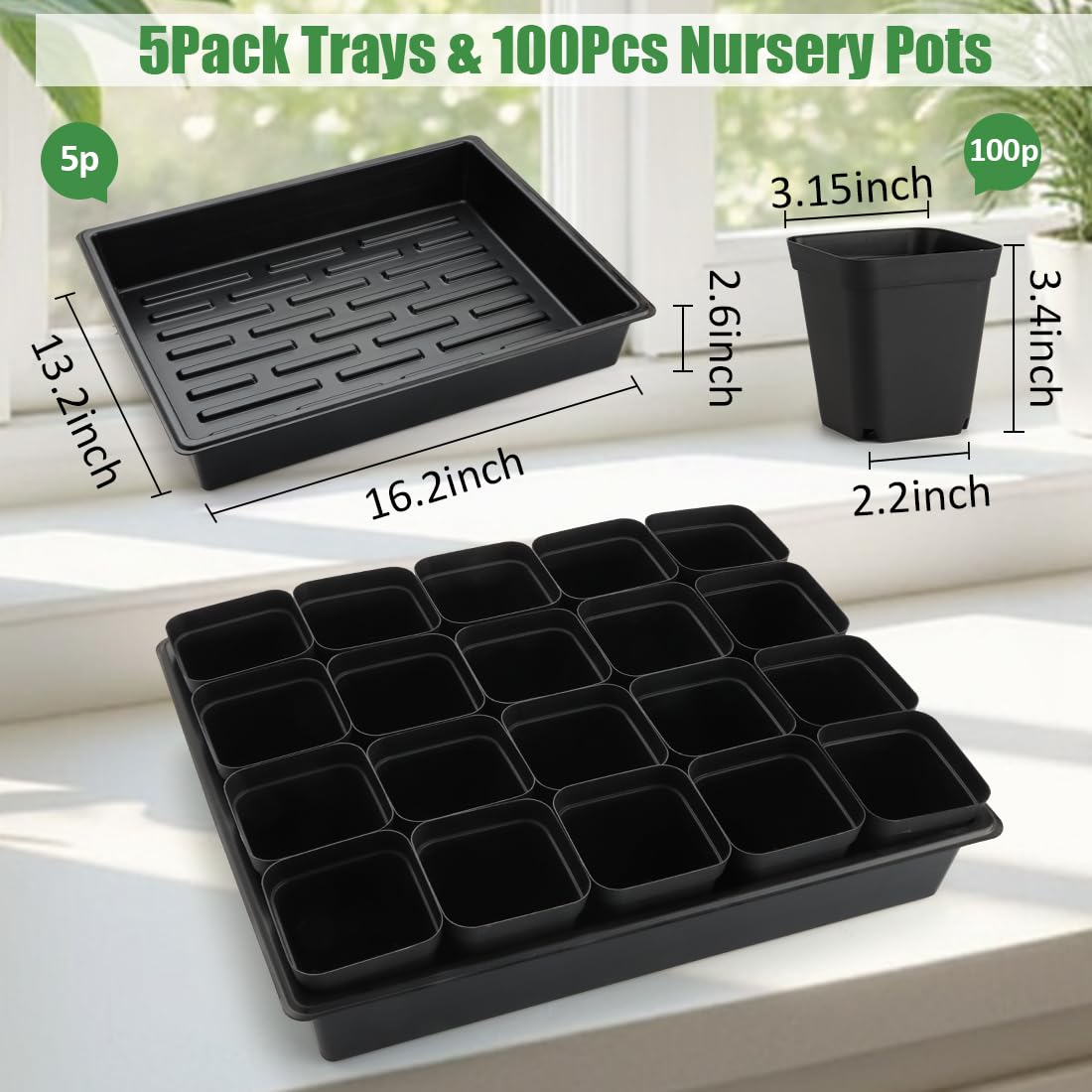 RooTrimmer 3.15 inch (8CM) Square Nursery Pots 100 pcs, Sturdy Seedlings Trays 5 Pcs, Seeds Starter Germination Tray, Microgreening Planter Nursery Propagation 5 Sets