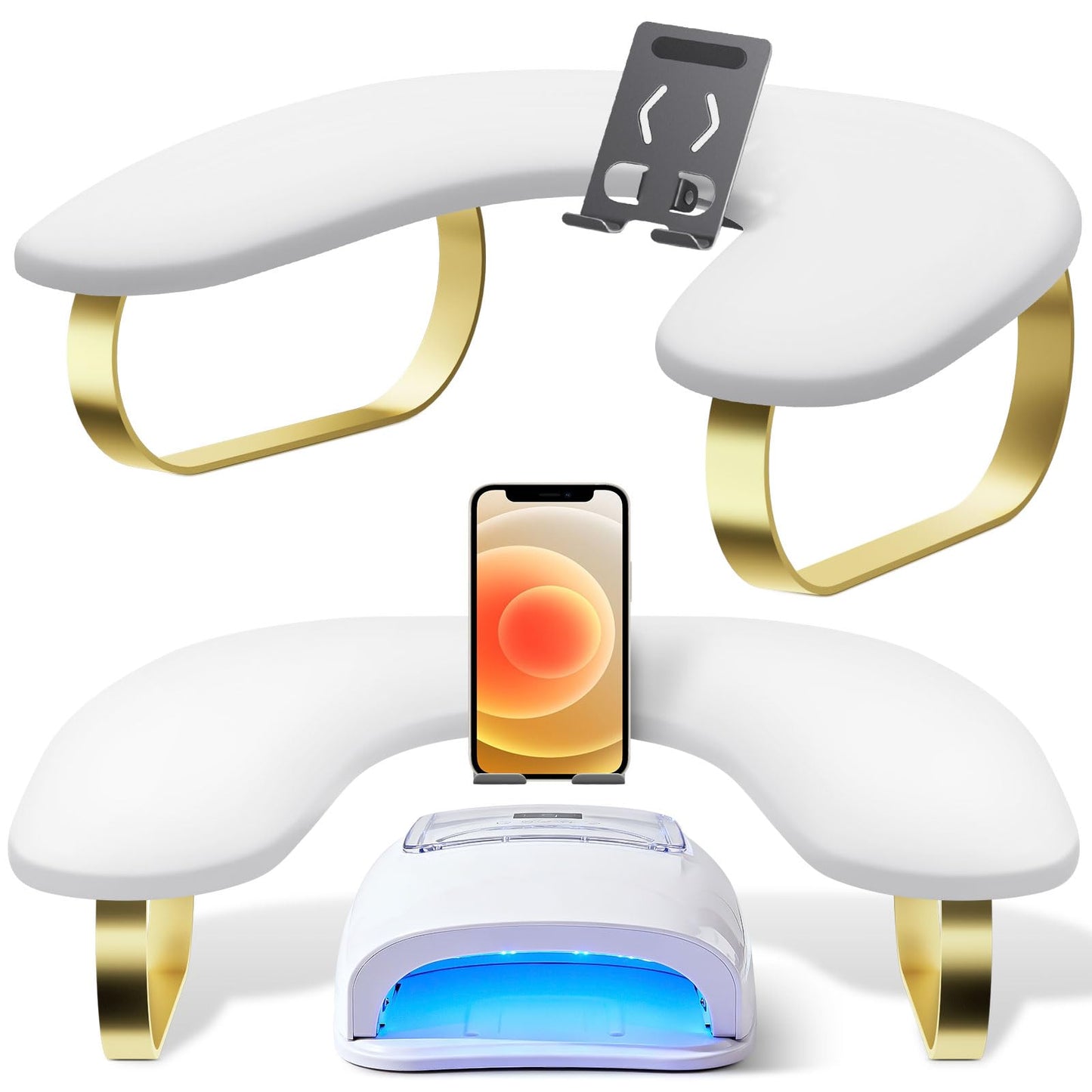Nail Arm Rest with Rotating Phone Holder, Arm Rest for Nails Tech, PU Leather Nail Tech Arm Rest, U-Shaped Hand Rest for Nails Tech, Manicure Hand Rests for Foot Hand Stand, White