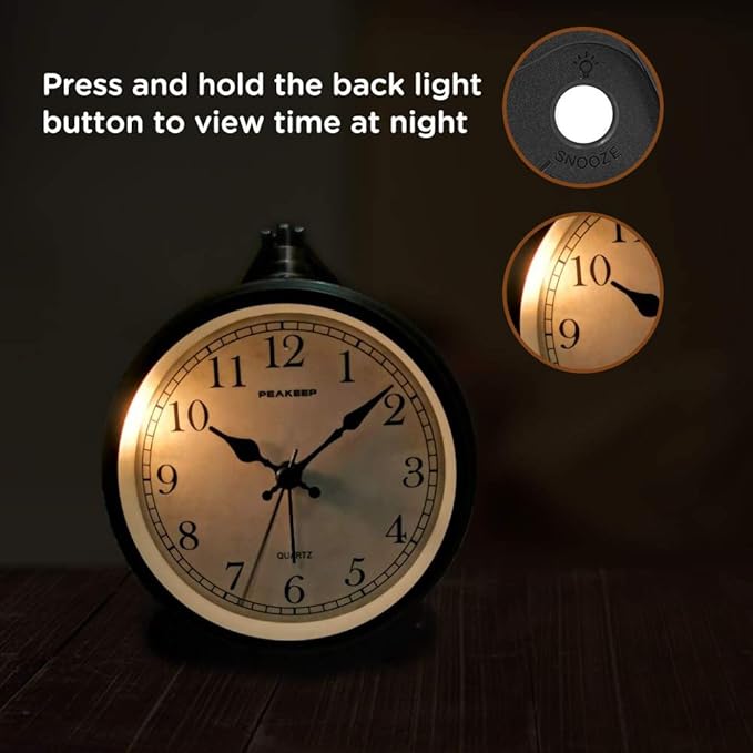 Peakeep 4" Small Battery Operated Analog Alarm Clock, Antique Retro Style