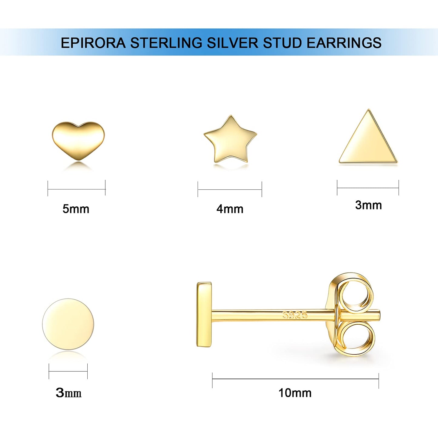 Sterling Silver Stud Earrings for Women Men- 4 Pairs of Hypoallergenic Simple Geometric Small Stud Earring Set Tiny Circle Triangle Heart Star Stud Earrings Mini Cartilage Tragus Earrings, Gold