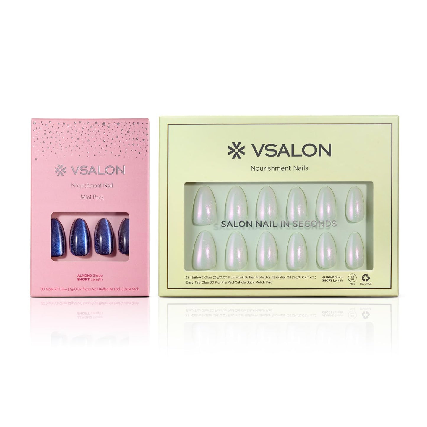 VSALON Press On Nails Short Almond, Shimmer White Opaque Fake Nails & Blue Cat Eye Mini Pack