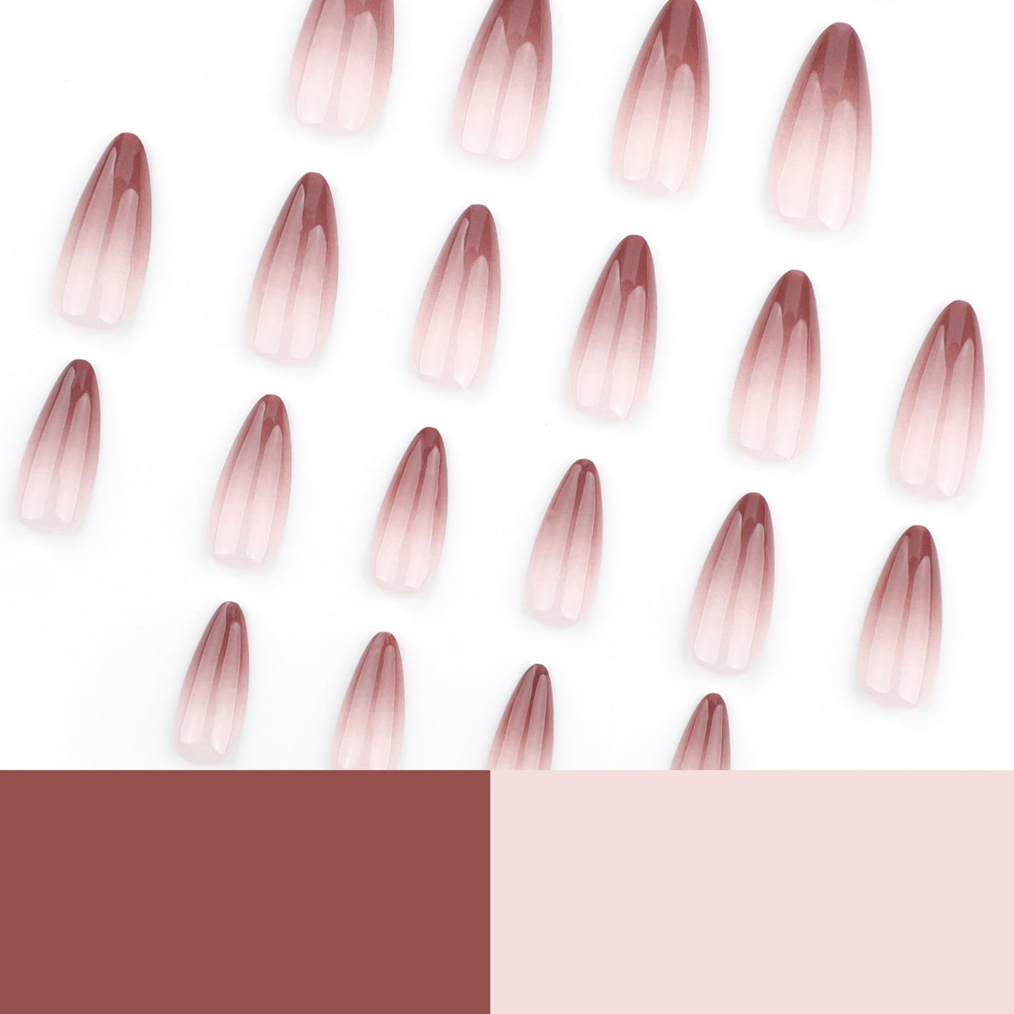 Almond Press on Nails Medium Length Brown French Tip Fake Nails with Glue Stiletto Shape Glossy Acrylic Nails Full Cover Pink Gradient False Nails for Women DIY Manicure Decoration 24PCS
