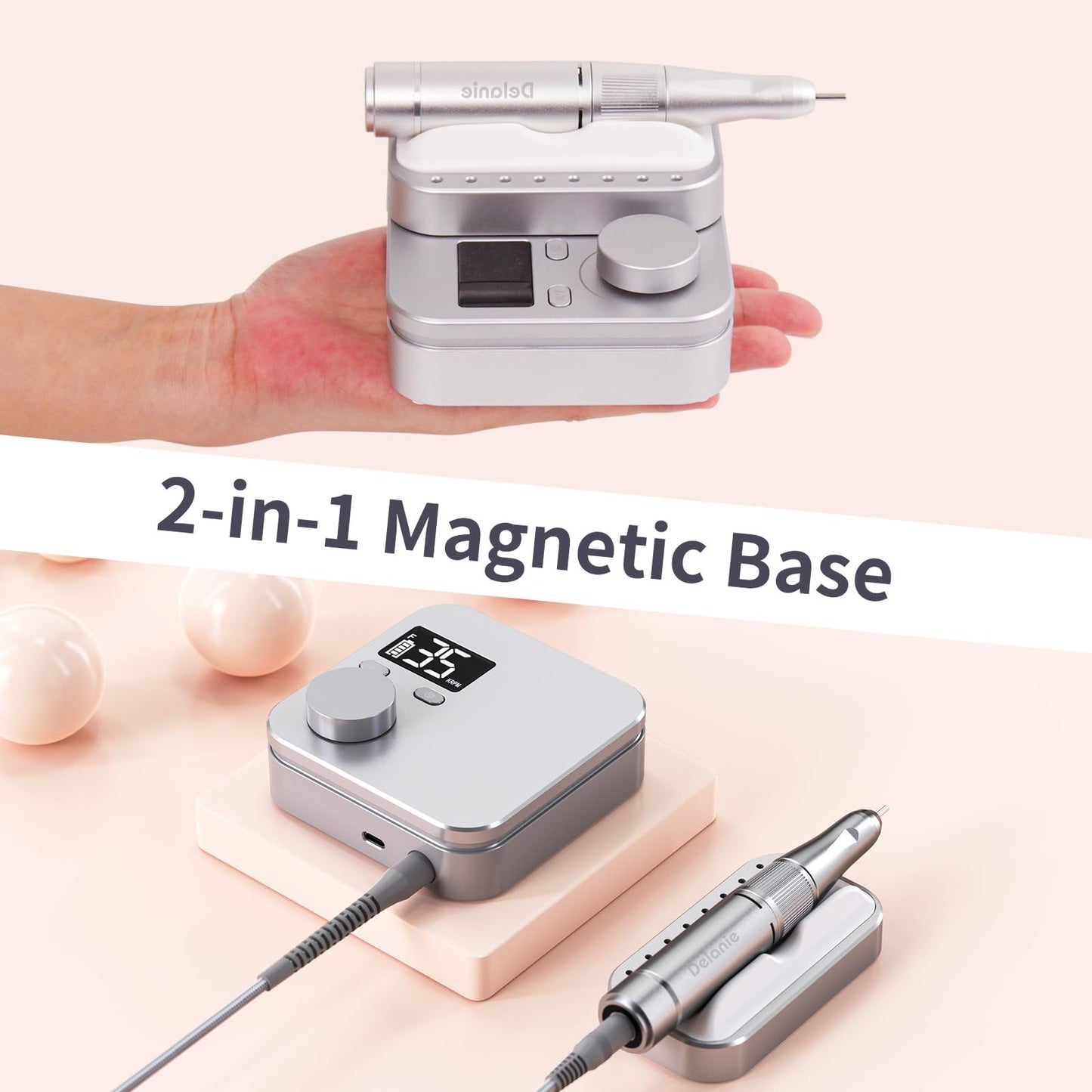 Delanie Electric Nail Drill Machine 35000 RPM, E File for Nails Professional with Magnetic Handpiece Holder, Rechargeable Electric Nail File with 7 bits & 36 Sanding Bands for Manicure Pedicure