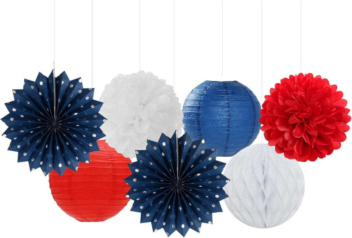 Fourth-4th of July-Imemorial Party-Decorations Lanterns - 14pcs Red White Blue Graduation Paper Streamers Fan,Tissue Pom Poms Streamer,Honeycomb Balls,USA Patriotic America Independence Decor Ouruola