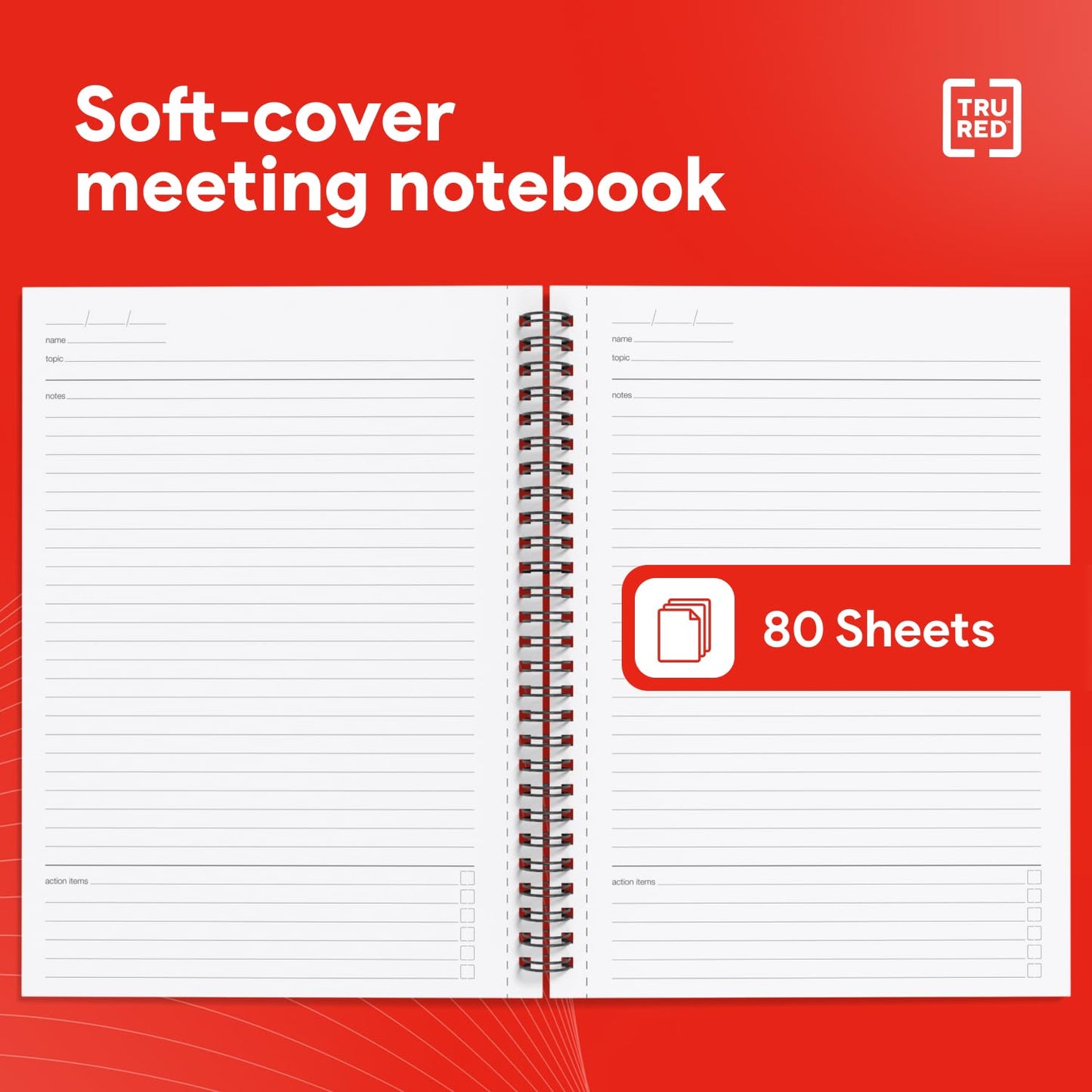 TRU RED Medium Soft Cover Meeting Notebook, Black – Ruled, Spiral Bound, 80 Sheets, Interior Pocket