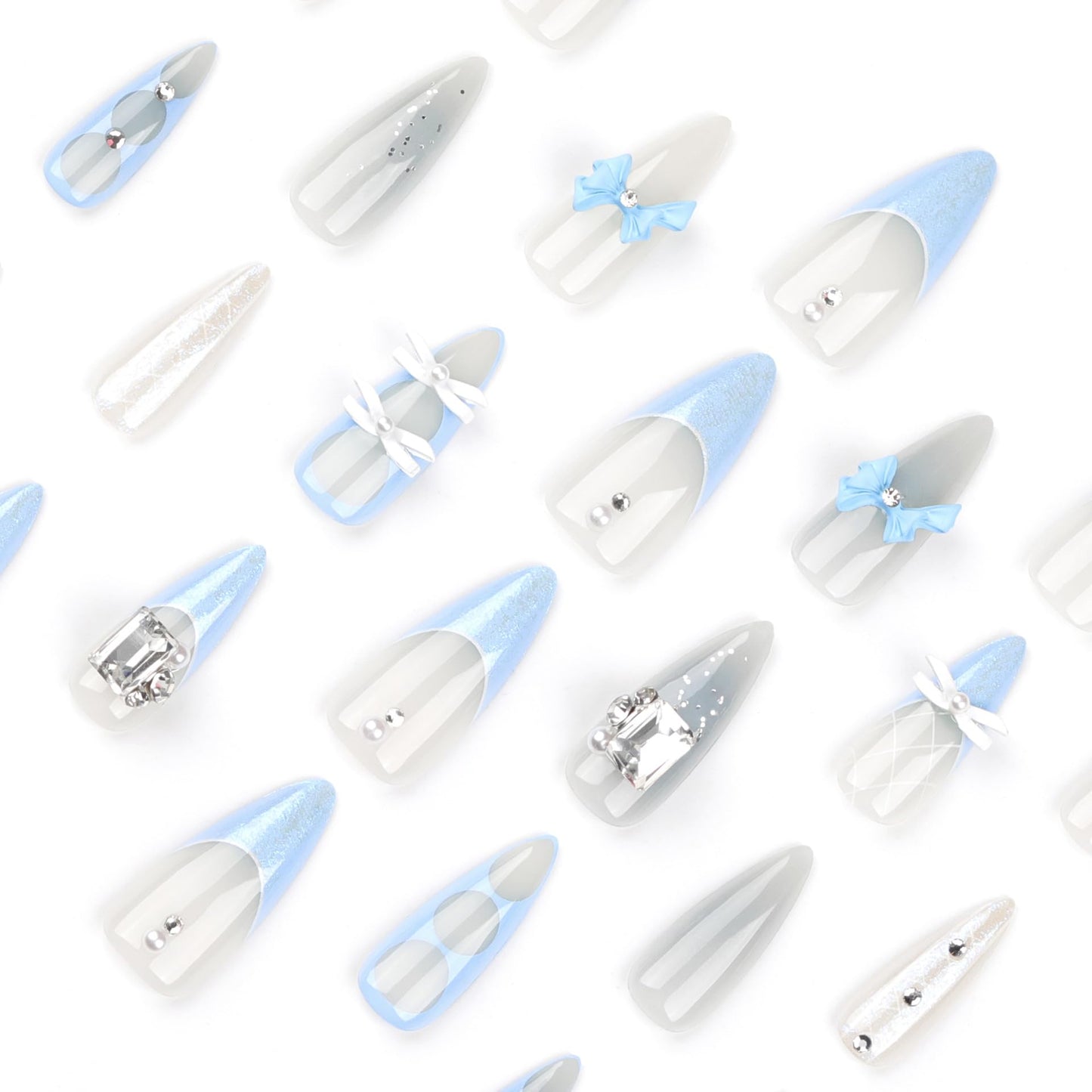Bow Press on Nails Blue Fake Nails Long Stiletto False Nail with Diamond Design French Tip Glue on Nail Glossy Full Cover Artificial Acrylic Stick on Nails for Women Manicure 24Pcs