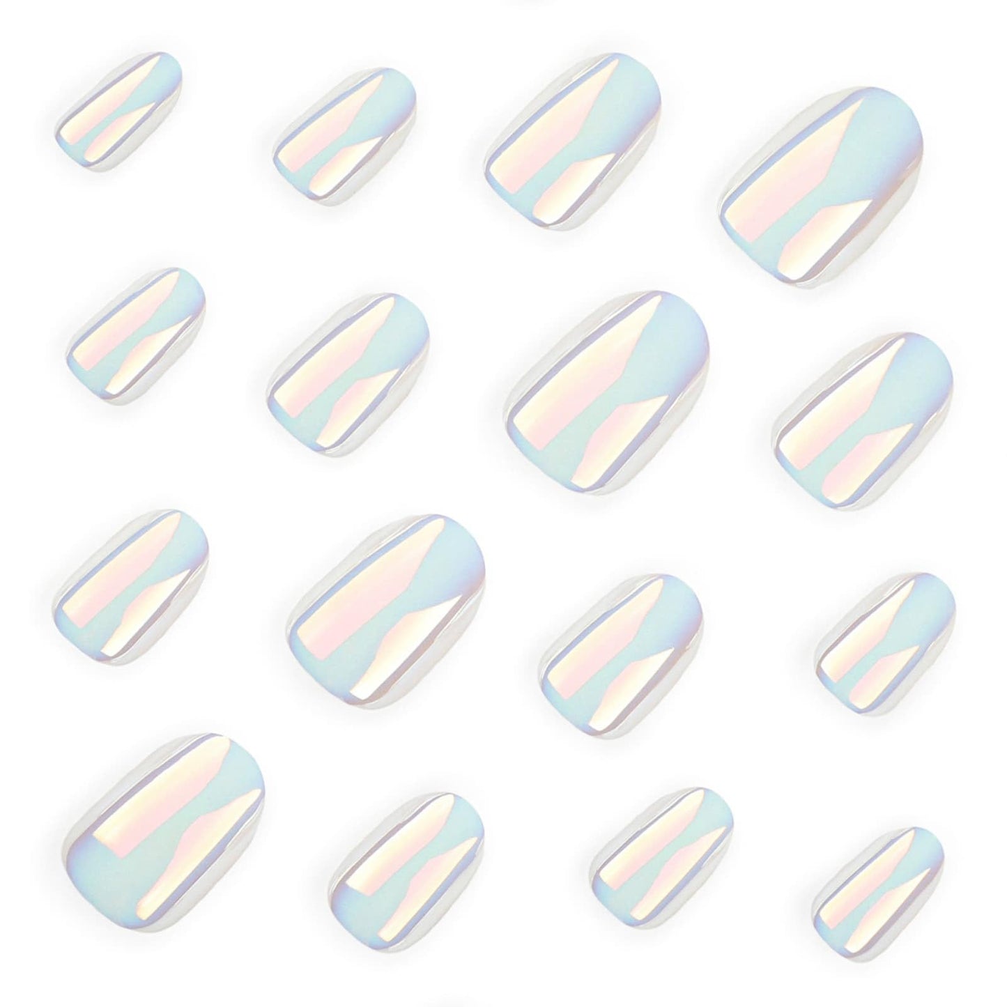 Medium Almond Press on Nails White Chrome Fake Nails with Ice Iridescent Stiletto Design Acrylic Full Cover Glue on Nails Reusable Stick on Nails Glossy Artificial Nails for Women 24 Pcs