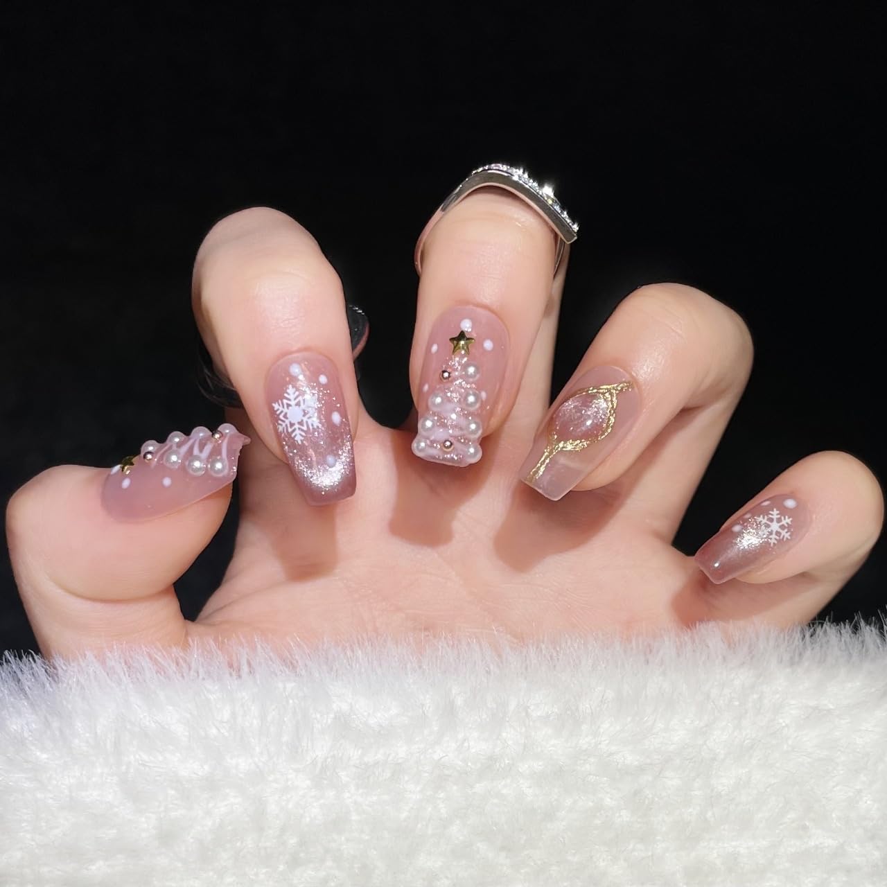 Tesytto Handmade Pink Glitter Press on Nails Short Square - 3D Star Gems & Sparkly Pearl Luxury False Nails (Holiday Opulence-B,M)